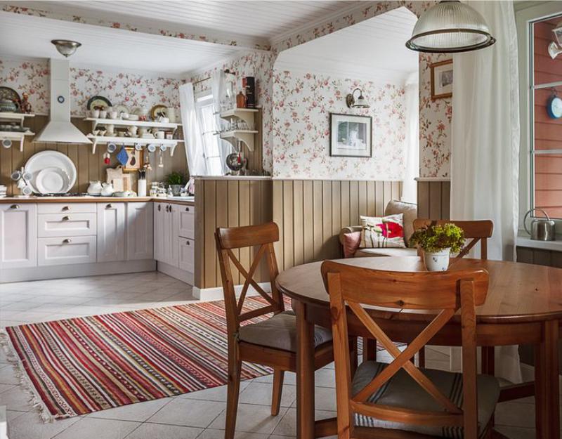 Kitchen design of a private house with floral wallpaper