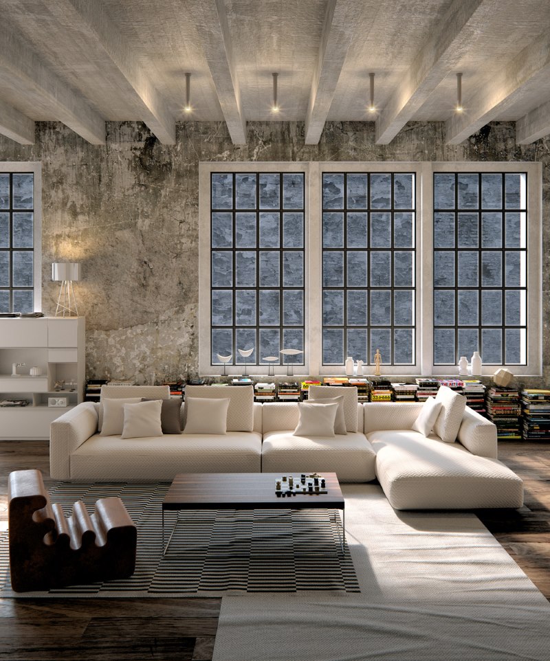 Plafond en béton à l'intérieur du salon dans le style loft