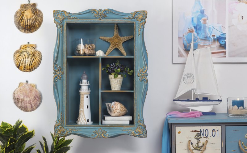 Kitchen cabinet with nautical decorations in the interior of the room