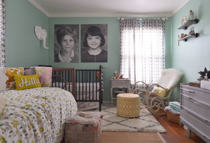 Cozy room interior in mint shades of gray