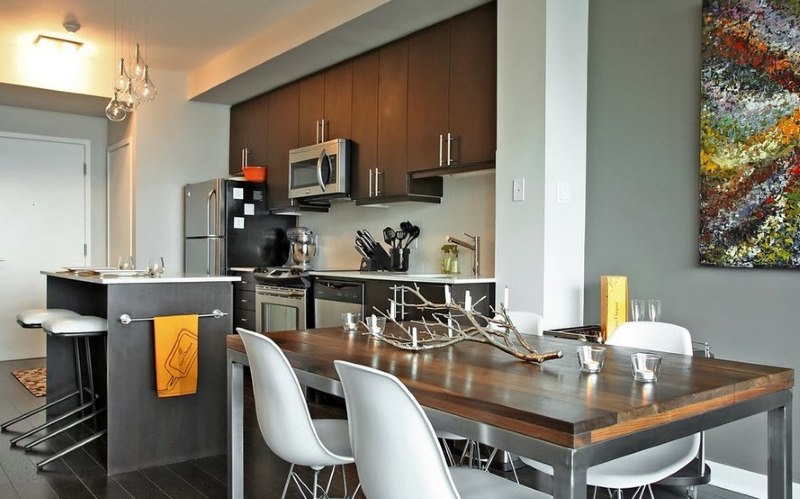 Modern design of the dining area in the kitchen-living room