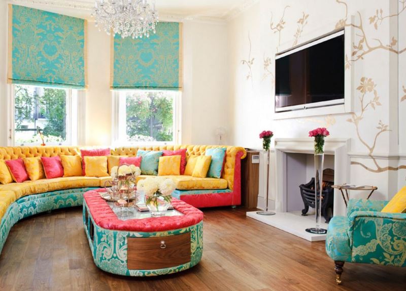 Living room interior with glass vases by the fireplace