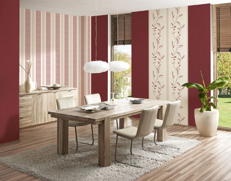 Decoration of the dining area with wallpaper with a different pattern