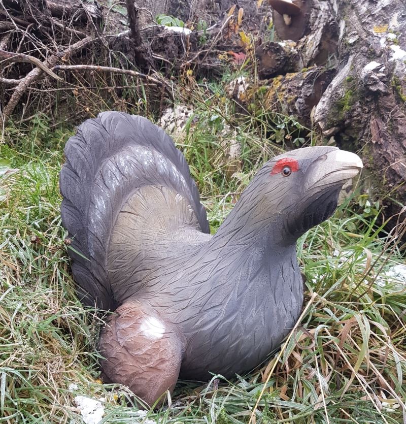 Garden sculpture of a black grouse from a tree