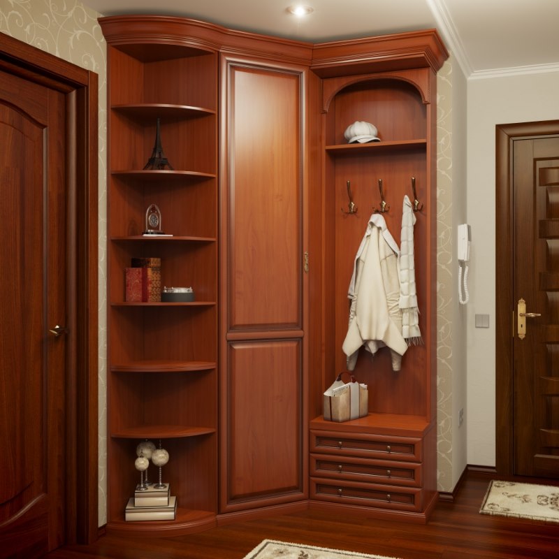 Tall cabinet with a hanger in the corner hallway