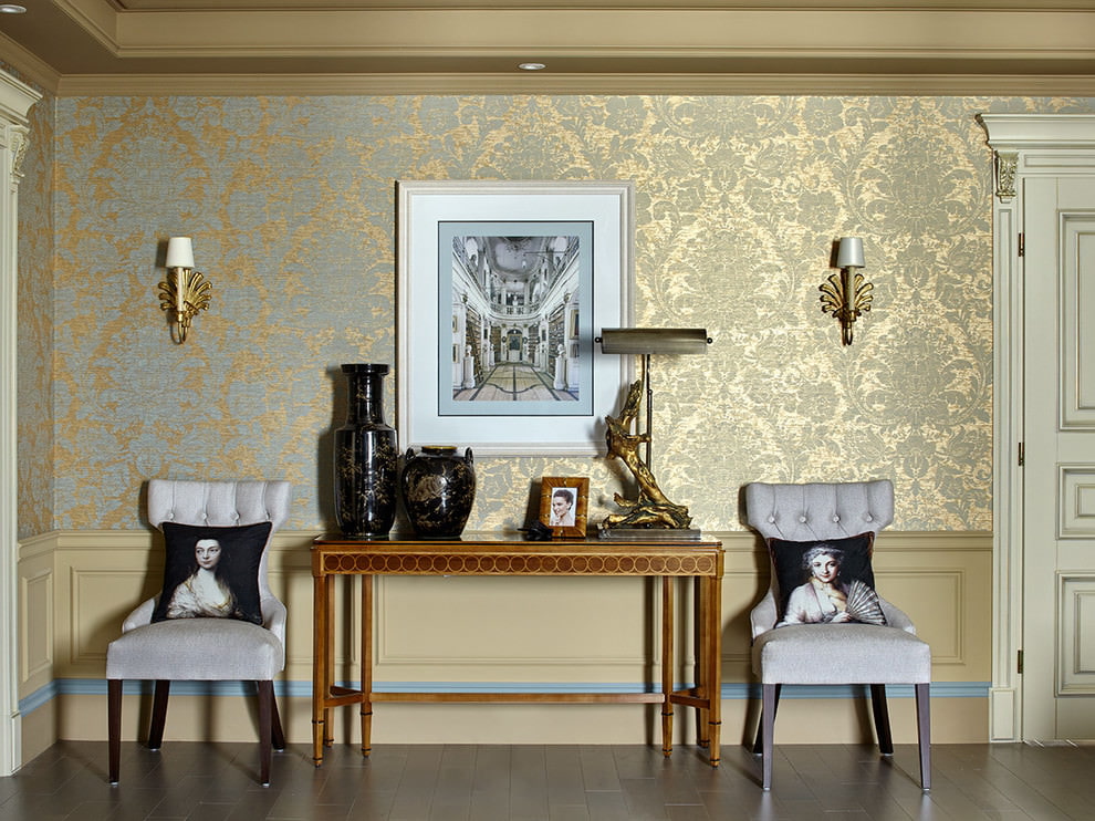 Gold embossed paper wallpaper in the living room interior