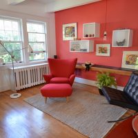 Red wall in the living room interior