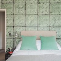 Wallpaper with imitation of glass blocks over the head of the bed