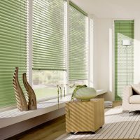 Light green blinds on a plastic window