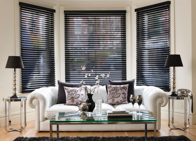 Black horizontal blinds made of plastic