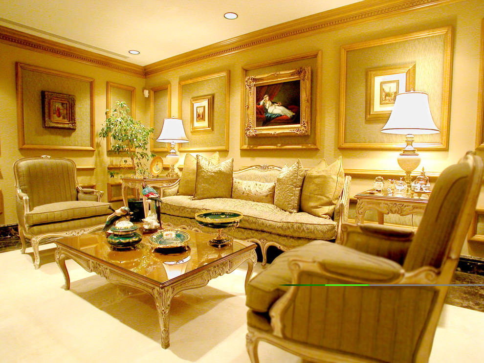 The design of the living room in a classic style with a predominance of yellow shades