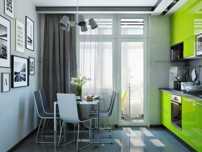 Gray curtains in the kitchen with a green set