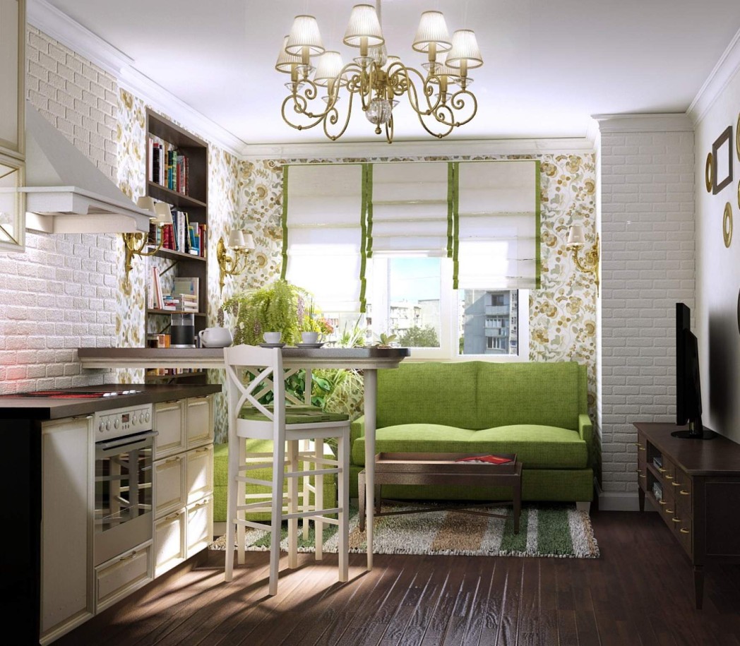 Glass chandelier in the kitchen with a green sofa