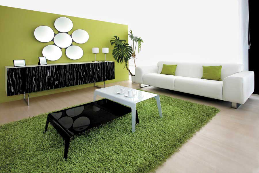 Minimalist green carpet in living room interior