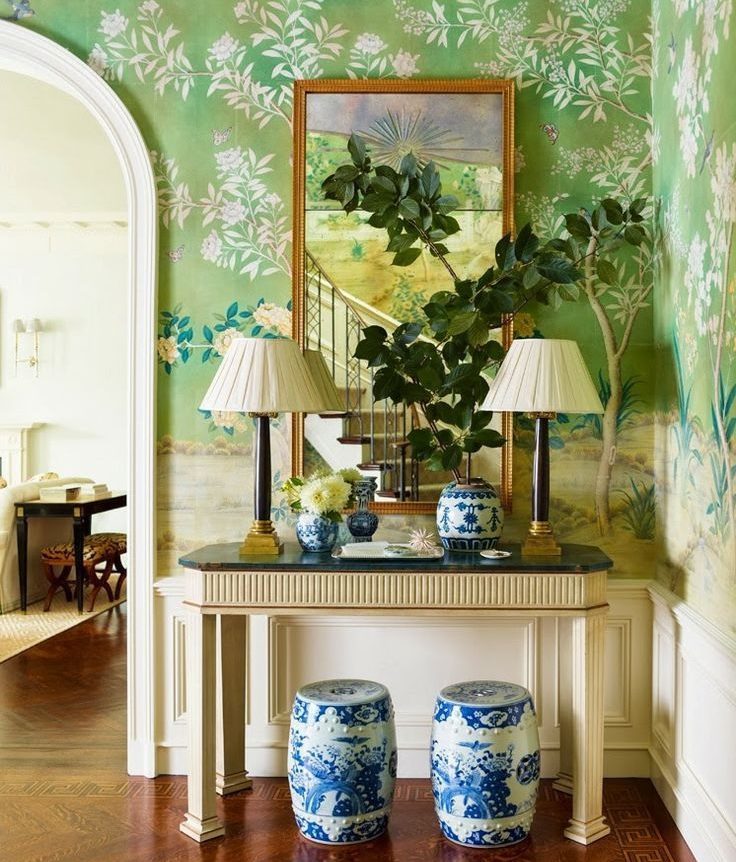 Mirror on the wall with green wallpaper