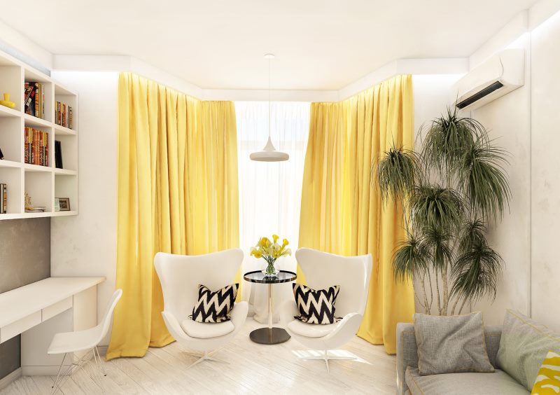 Bright room with yellow curtains