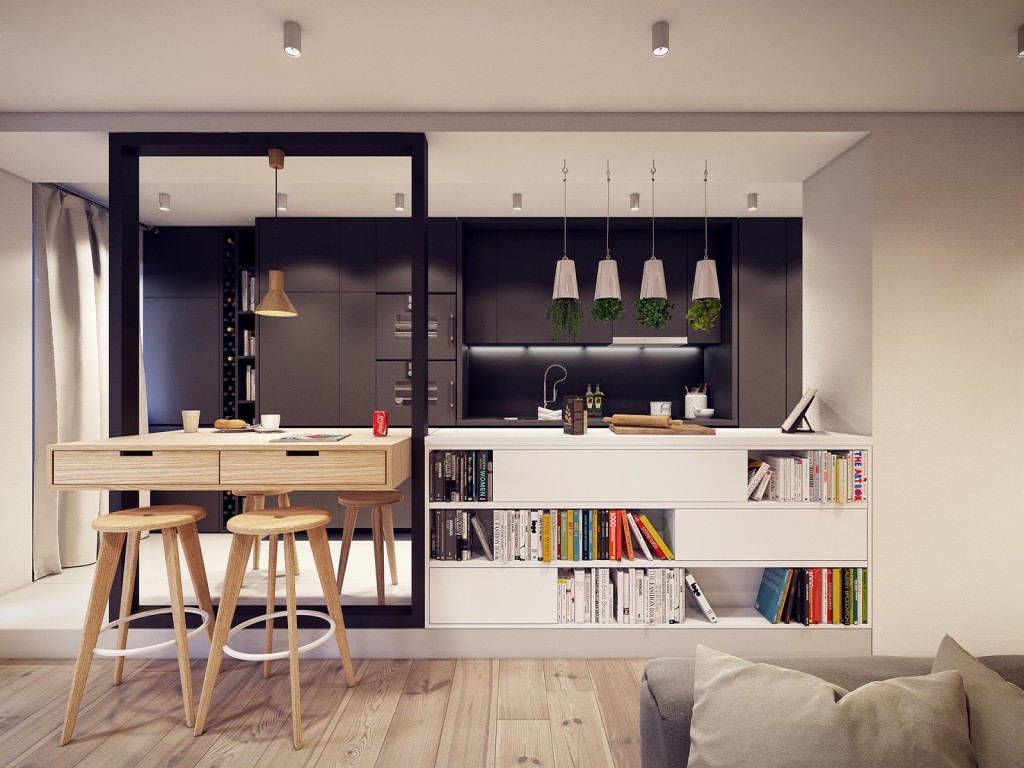 Bar counter with bookshelves