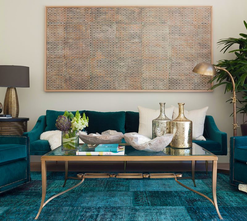 Decorative glass bottles on a coffee table