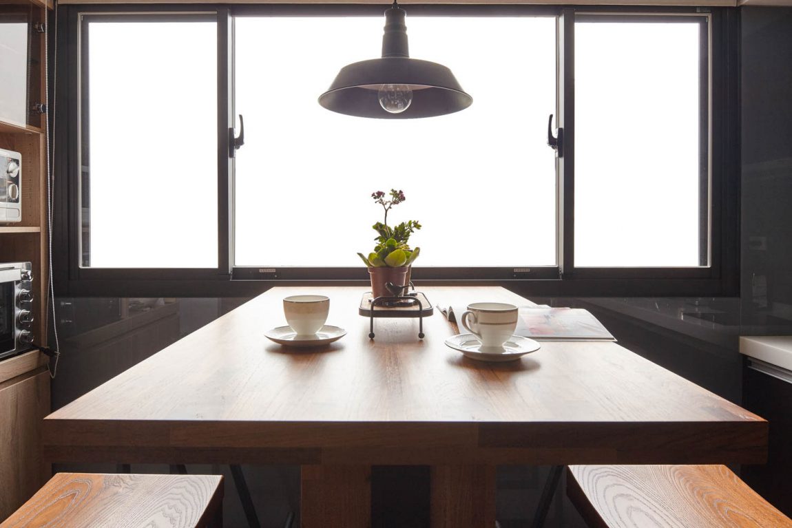 Wooden table in a studio apartment