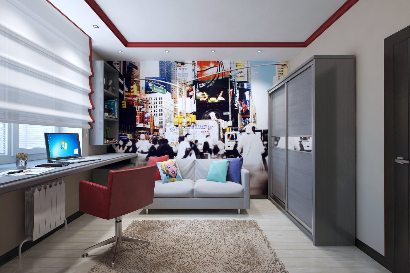 A desk instead of a window sill in the interior of a nursery