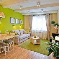 Green wall in the kitchen-living room