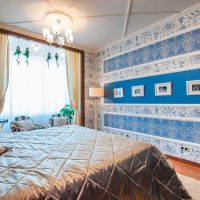 Horizontal stripes of moldings on the bedroom wall