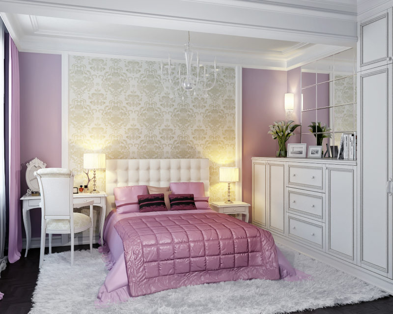 Wall decoration over the head of the bed with vinyl wallpaper