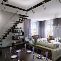 Black staircase on the stairs in the living room interior