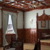 Living room ceiling with wood carvings