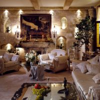 Decorative niches in the stone wall of the living room