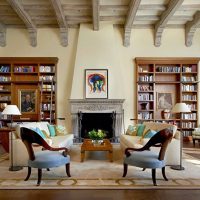 Book shelves in a spacious living room