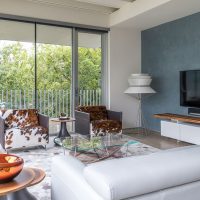 Panoramic windows in the living room of a private house