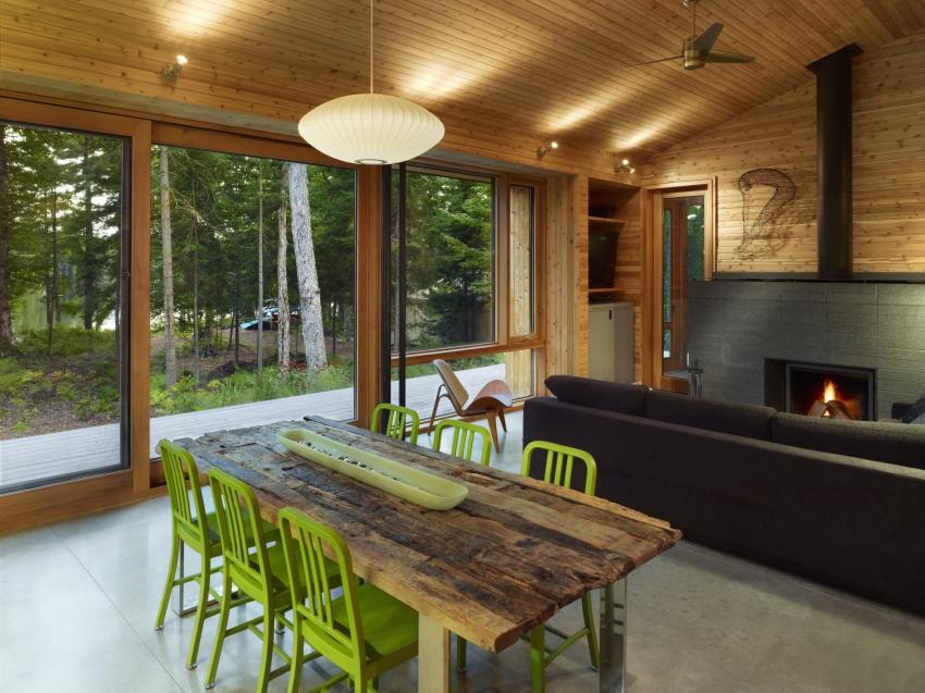 French windows in the interior of a house made of timber