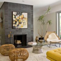 Design a living room with a fireplace in the center of the room