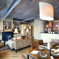 Gray ceiling in the kitchen-living room of a rural house