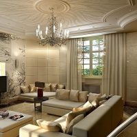 Embossed ceiling in the living room of a country house