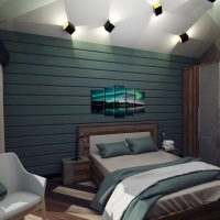 Bedroom in dark shades in a wooden house