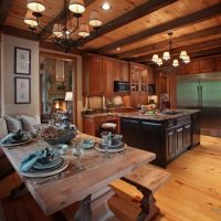 Chandeliers on the wooden ceiling of the living room