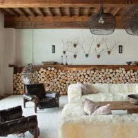 Firewood in the interior of the living room of a private house