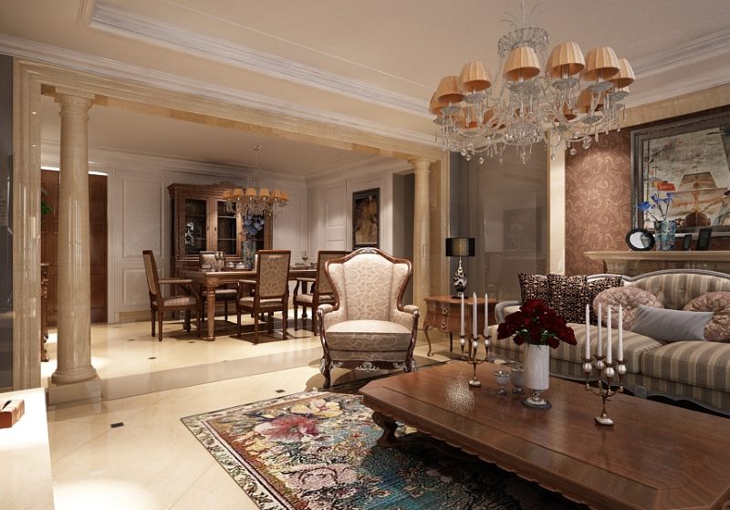 Antique columns in the interior of the hall of a private house