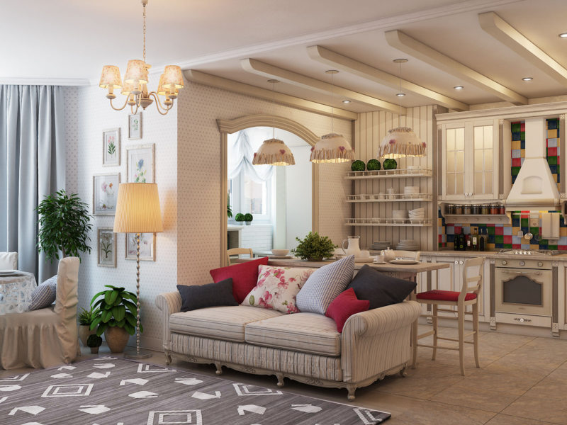 Provence-style kitchen-living room interior