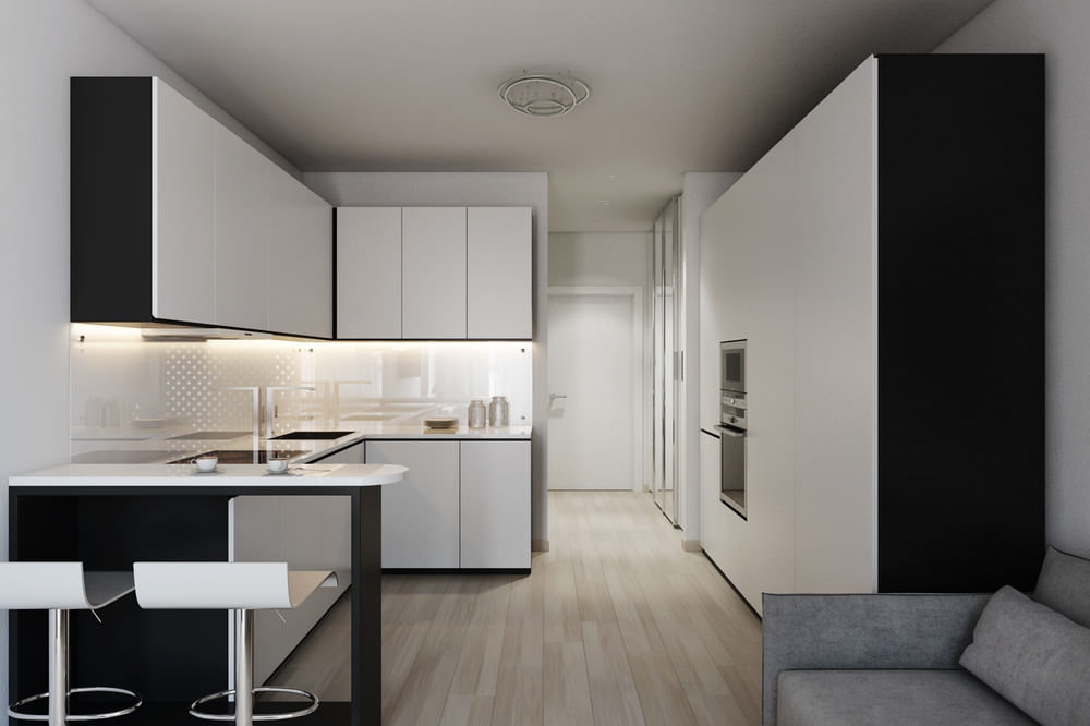 Kitchen area in a minimalist style studio apartment