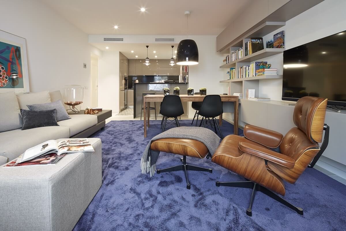 Leather chairs on blue carpet