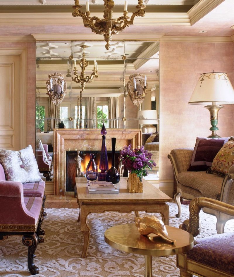 Mirror panel above the fireplace in the guest room of a private house