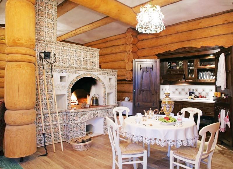 Russian stove in the interior of the house from a log