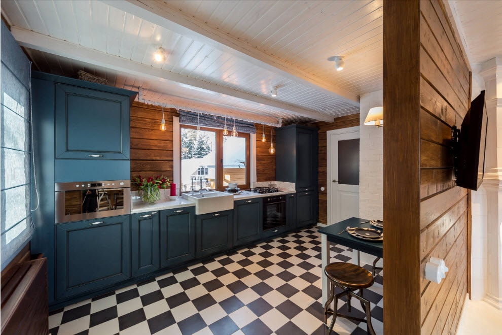 Linear kitchen in a country house made of timber