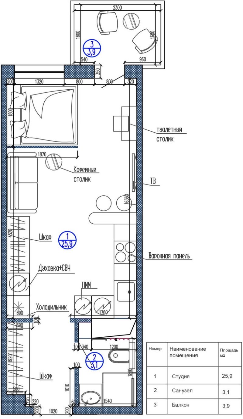 Layout of a rectangular studio apartment