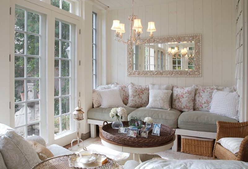 Cozy sofa in front of a glass door in the living room