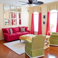 Red curtains with striped lambrequin