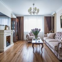 Brown curtains at the end of a long hall